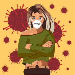 A girl in a medical mask, with the words stop, against the background of the coronavirus bacteria