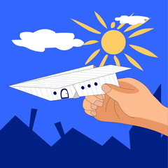 The boy launches a paper airplane