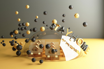 Stay home Keep calm Slogan House in a glass bullet protecting Danger outside the shell virus outside Combating coronavirus Fighting the spread of 2019 nCoV 3d rendering