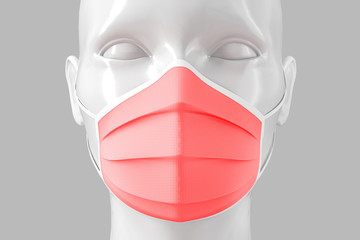 Medical concept, the concept of prohibition of freedom of speech. Women's shiny fashionable head in a medical mask colored on a colored background. 3D stock illustration.