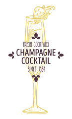 Champagne cocktail served with strawberry berry, label sketch