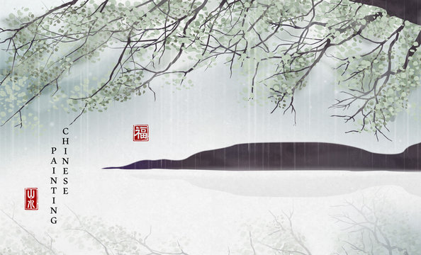 Chinese ink painting art background plant elegant landscape view of tree branch by the river in a rainning day. Chinese translation : Landscape and Blessing.