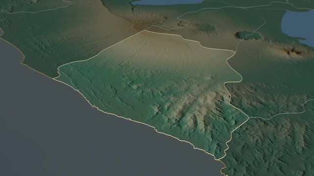 Carazo, department with its capital, zoomed and extruded on the relief map of Nicaragua in the conformal Stereographic projection. Animation 3D