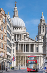 Europe, UK, England, London, Ludgate Hill. A red double-decker London bus in front of St. Pauls cathedral.