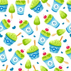 Ice cream with flavour and cherry on top seamless pattern