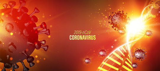 Computer model of Coronavirus in futuristic red rays over dark background and dna molecule. 3d model of virus 19-nCov. Stay home to reduce your risk of Severe Illness. Coronavirus medical illustration