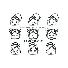 cute girls emotion doodle set, for character design guideline, hand drawn icons collection. black and white vector illustration, 