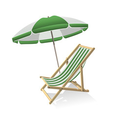 Wooden umbrella and deck chair. Summer trip, sea vacation and tropical travel concept. Vector illustration isolated.
