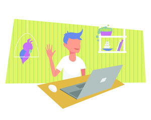 Vector Illustration of boy saying Hello in educational class. Notebook user communicating during online lesson. quarantine homeschooling