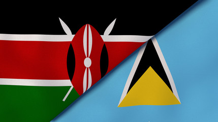 The flags of Kenya and Saint Lucia. News, reportage, business background. 3d illustration