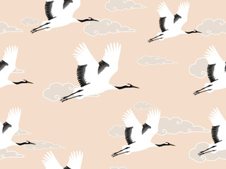 Seamless pattern with Japanese cranes. A flock of flying birds. Design for fabric, Wallpaper.