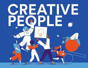 Giovani ragazzi creativi esprimono la loro personalità. Gruppo di personaggi eccentrici maschili e femminili © Hurca!