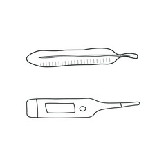 Hand drawn outline vector illustration with mercury thermometer and electronic thermometer. Perfect for medical, pharmacy, drugstore design. Isolated on transparent background. EPS 10