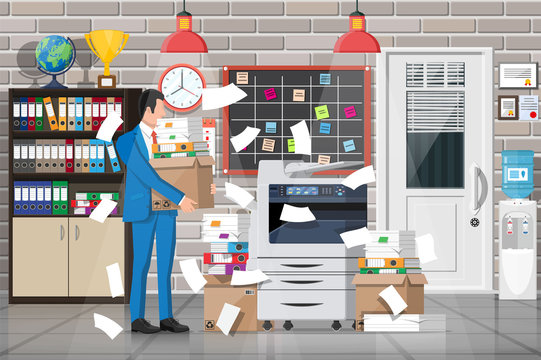 Stressed businessman under pile of office papers and documents. Office building interior. Office documents heap. Routine, bureaucracy, big data, paperwork, office. Vector illustration in flat style