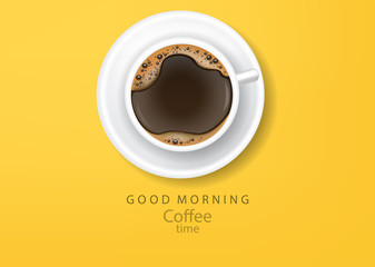 Coffee poster realistic vector illustration top view yellow background