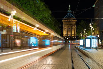 Fototapeta na wymiar Mannheim, 10.04.2020: Tram in the middle of downtown Mannheim in mid-April