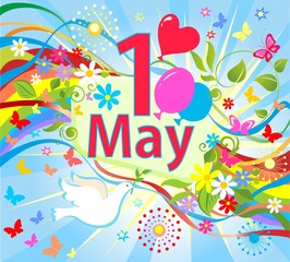 1 May International Labor Day. Greeting card with flying dove, butterflies, sun, balloons, colorful ribbons and daisy flowers for celebration Mayday, Spring and Labour