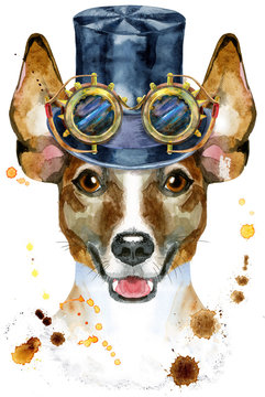 Watercolor portrait of jack russell terrier in hat cylinder and steampunk glasses