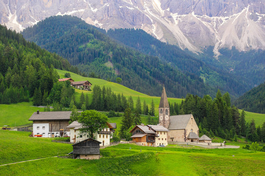 Alpine landscape with rocky mountains in Dolomites at Santa Maddalena Alta