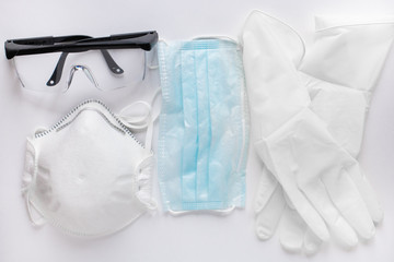 Coronavirus prevention medical surgical masks, gloves and 
eye protection glasses