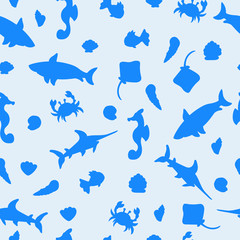 Ocean animals silhouette blue seamless pattern