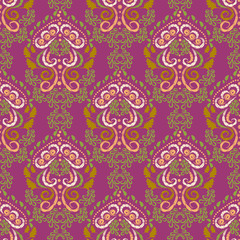 Indian seamless damask pattern. Vintage vector pattern, multi-color pattern, pink pastel background, fabric