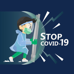 Vector illustration Covid-19 protection. Medical man wearing protection suites fight against covid-19 virus or coronavirus. Character design.