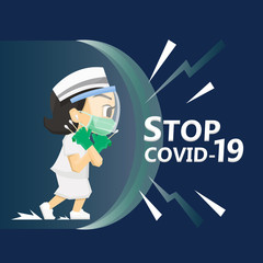 Vector illustration Covid-19 protection. Nurse wearing protection suites fight against covid-19 virus or coronavirus. Character design.