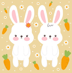 White easter rabbit. Easter bunny. cute cartoon rabbit drawing with blue background.