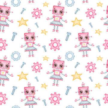 Cute cartoon robot girl seamless pattern