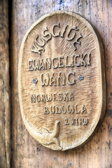 KARPACZ, POLAND - MARCH 09, 2020: Architectural detail of the old wooden temple Vang (Wang)....