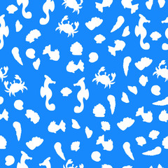 Fototapeta na wymiar Ocean animals silhouette white on blue vector seamless pattern