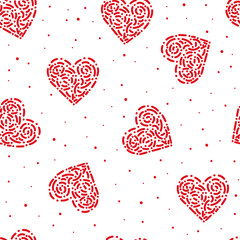 Seamless pattern with abstract red hearts on white background. Hand drawn vector illustration of hearts and dots.Illustration of love and Valentine's day.  