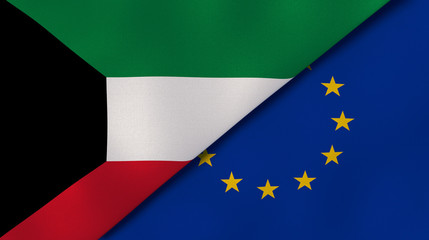 The flags of Kuwait and European Union. News, reportage, business background. 3d illustration