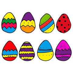 A set of Easter eggs isolated on a white background.  Icons collection in doodle style. Hand drawn vector illustration.