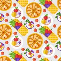 Waffles with fruits and decoration, served dessert seamless pattern