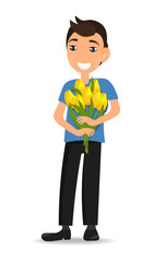 Hello spring, happy mother's day, man with yellow tulips set vector illustration