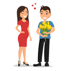 Hello spring, happy mother's day, pregnant woman with flowers, man with yellow tulips vector illustration