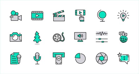 International Film Day Set Line Vector Icons. Contains such Icons as Clapperboard, Camera, Video, Play, Film, Lens, Microphone, Media settings and more. Editable Stroke. 32x32 Pixel Perfect