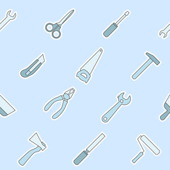 Work tool - Vector color background (seamless pattern) of hammer, wrench, screwdriver, pliers, spanner, drill, axe and knife for graphic design