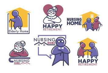 Elderly home and happy retirement set of banners