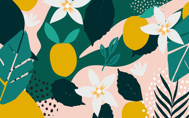 Colorful flowers and leaves poster background vector illustration. Exotic plants, branches, flowers, leaves and lemons art print for fashion and natural products, spa and wellness, weddings and events