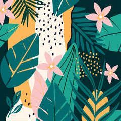 Colorful flowers and leaves poster background vector illustration. Exotic plants, branches, flowers and leaves art print for beauty, fashion and natural products, spa and wellness, wedding and events