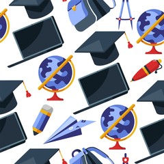 Graduation hat, pen and laptop with globe seamless pattern