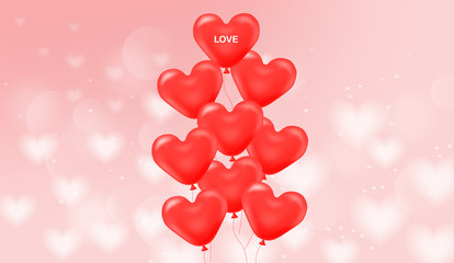 Red balloons realistic, pink background with hearts,happy mother's day vector illustration
