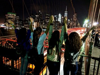 Rear View Of Friends Standing By Railing Against Illuminated City At Night