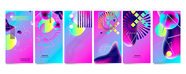 Set of banners bright colors pink blue for posting on social networks style futuristic space stars galaxies with 3d elements fatastic style