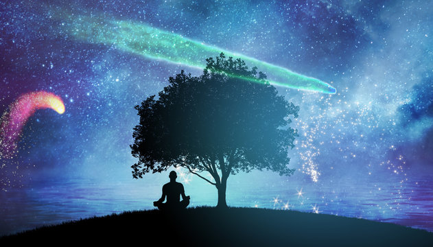 Yoga cosmic space meditation illustration, silhouette of man practicing outdoors at night