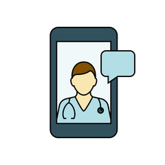Online doctor on your smartphone outline illustration. Medical consultation from mobile phone