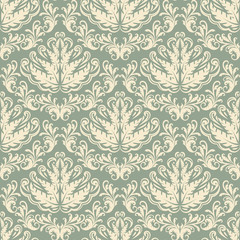 Damascus seamless background. Classic floral pattern, green color. Wallpaper, fabric, or packaging in vector